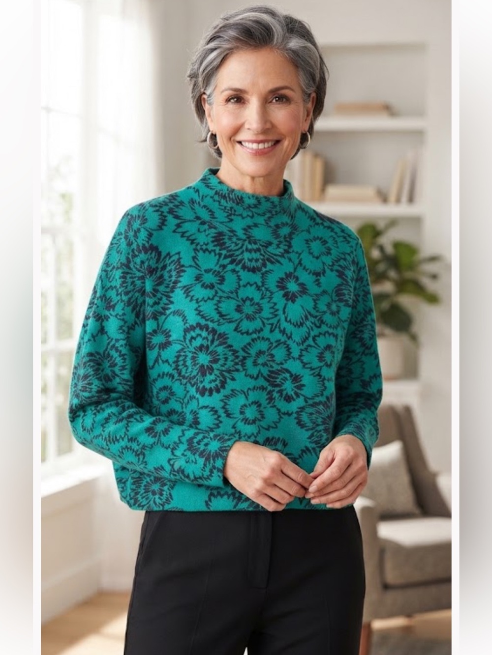 Maeve Floral Mock Neck Sweater in Teal and Black